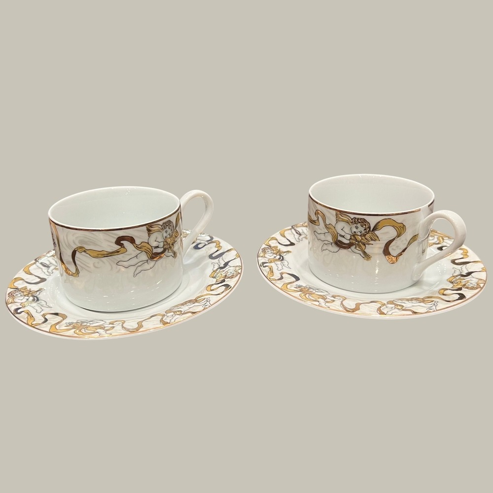 American Atelier Heavenly Hosts Espresso Cup & Saucer set White Angel Gold 3373